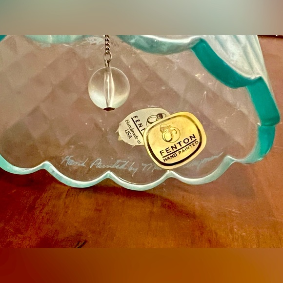 Fenton Diamond Quilted Light Blue Glass Hand Painted/Signed M. WagnerFloral Bell - Picture 3 of 7